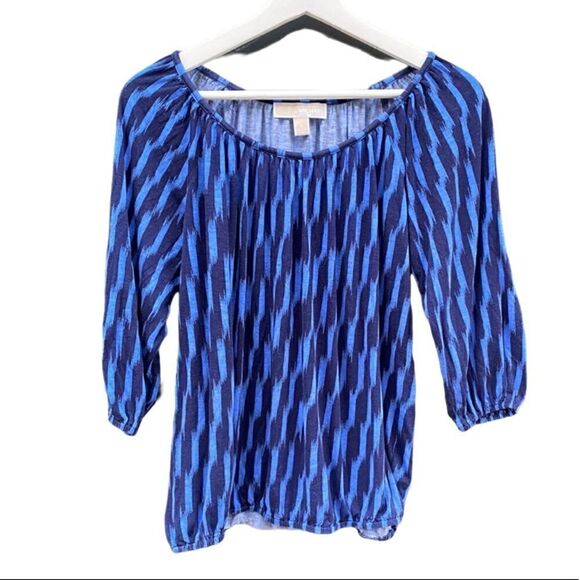 Michael Michael Kors Blouse Blue Striped Three-Quarter Sleeve Scoop Neck Small - Picture 3 of 6